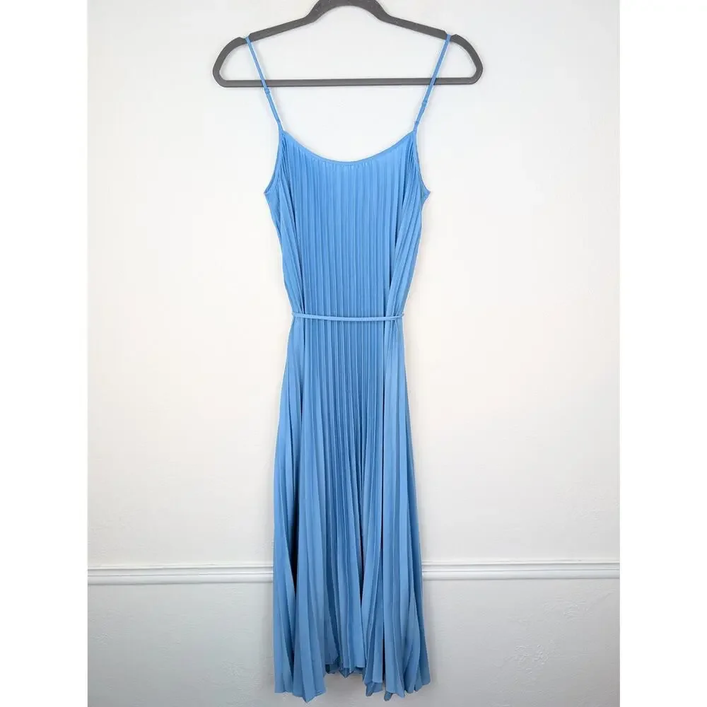 Vince Relaxed Plisse Dress Midi Accordion Pleat Satin Coquette Fairy Blue Size S